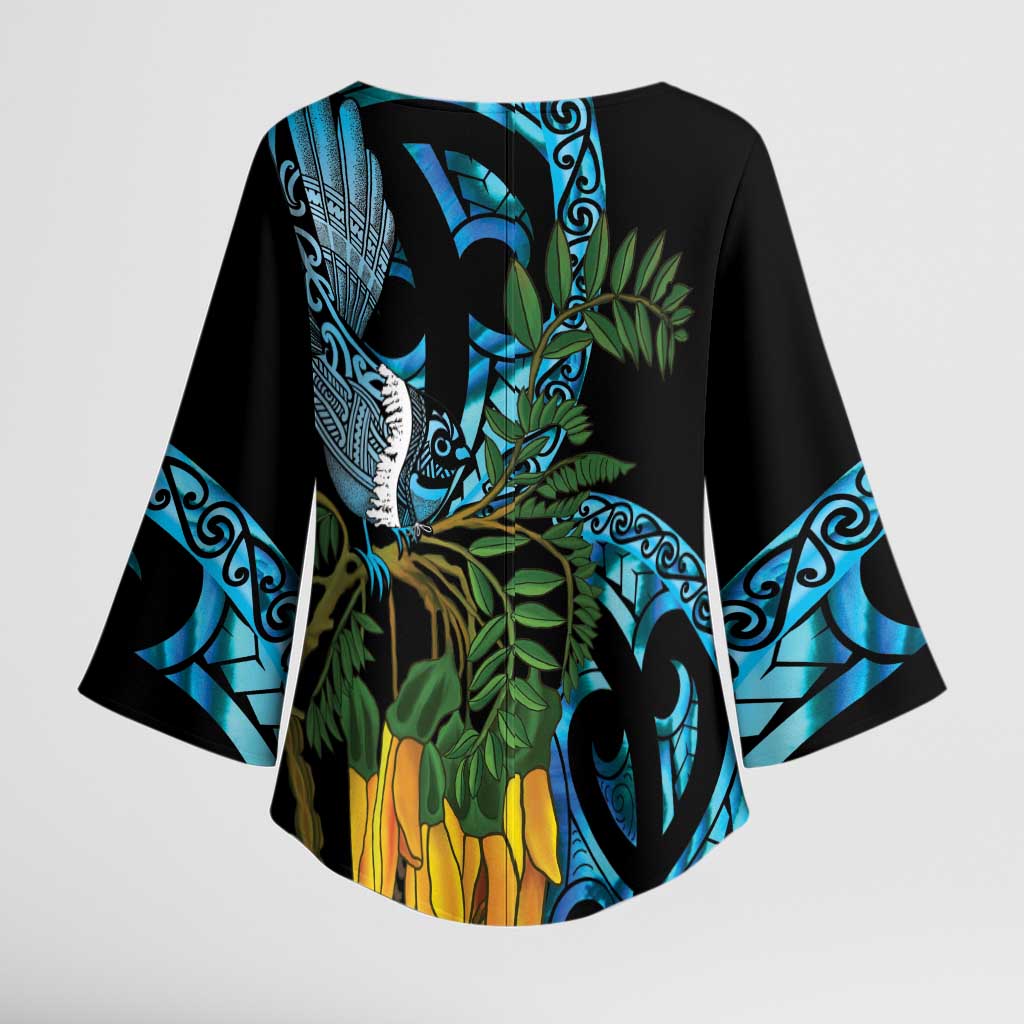 Turquoise New Zealand Kowhai And Piwakawaka Kimono Sleeve Blouse Maori Ngaru Paua Shell - Aussie Hoodie