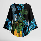 Turquoise New Zealand Kowhai And Piwakawaka Kimono Sleeve Blouse Maori Ngaru Paua Shell - Aussie Hoodie