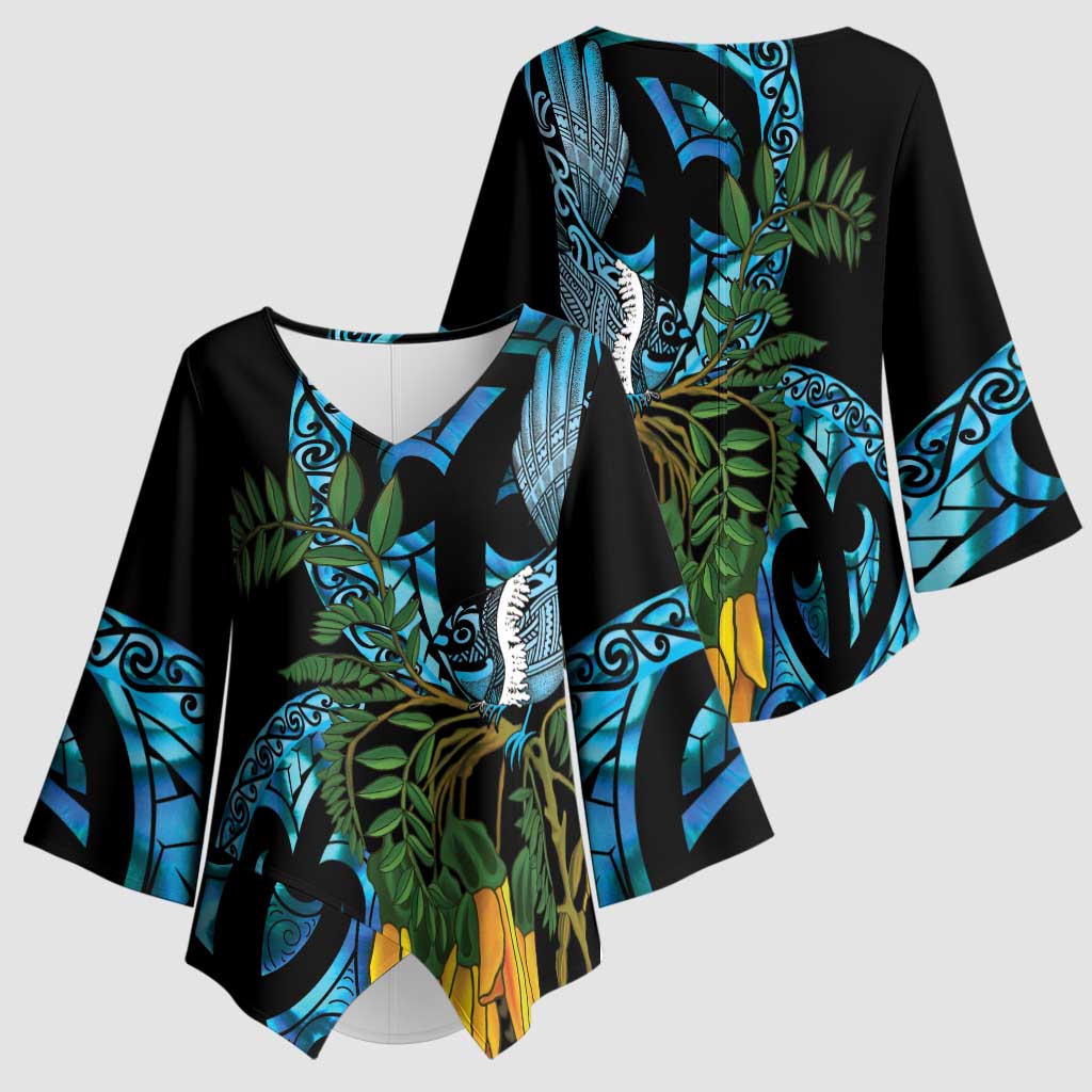 Turquoise New Zealand Kowhai And Piwakawaka Kimono Sleeve Blouse Maori Ngaru Paua Shell - Aussie Hoodie