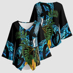 Turquoise New Zealand Kowhai And Piwakawaka Kimono Sleeve Blouse Maori Ngaru Paua Shell - Aussie Hoodie