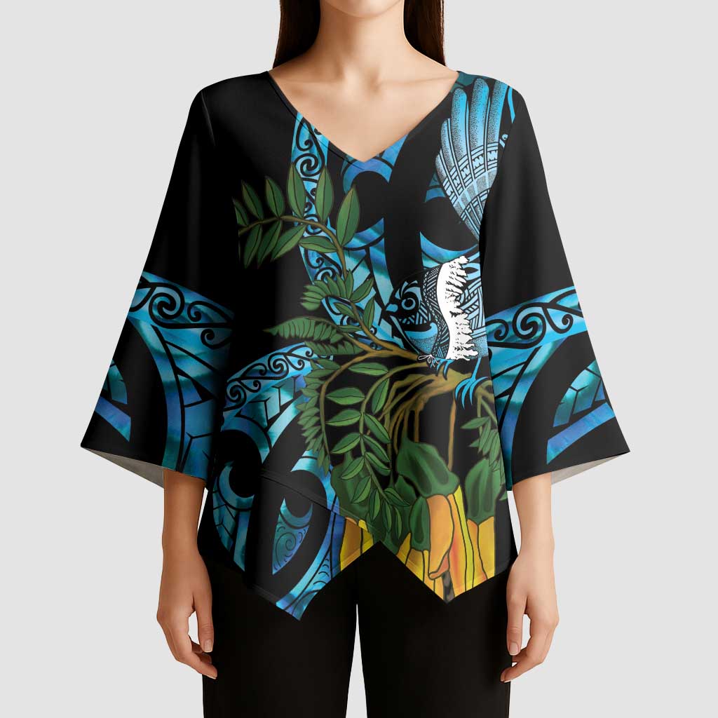 Turquoise New Zealand Kowhai And Piwakawaka Kimono Sleeve Blouse Maori Ngaru Paua Shell - Aussie Hoodie
