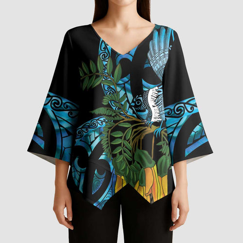 Turquoise New Zealand Kowhai And Piwakawaka Kimono Sleeve Blouse Maori Ngaru Paua Shell - Aussie Hoodie