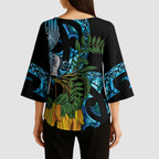 Turquoise New Zealand Kowhai And Piwakawaka Kimono Sleeve Blouse Maori Ngaru Paua Shell - Aussie Hoodie