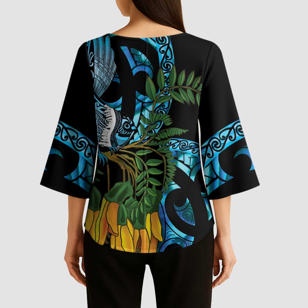 Turquoise New Zealand Kowhai And Piwakawaka Kimono Sleeve Blouse Maori Ngaru Paua Shell - Aussie Hoodie