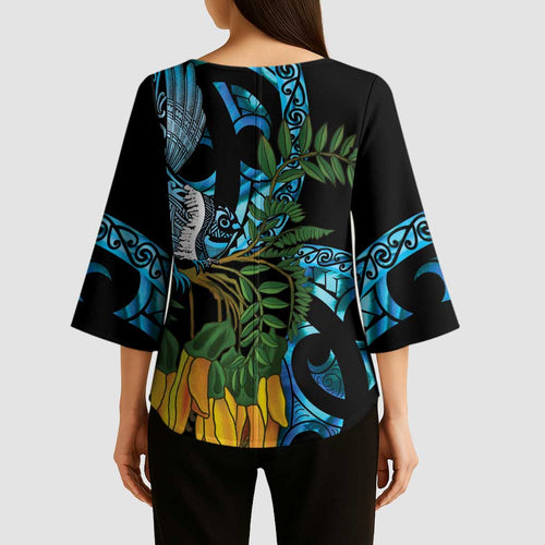 Turquoise New Zealand Kowhai And Piwakawaka Kimono Sleeve Blouse Maori Ngaru Paua Shell - Aussie Hoodie