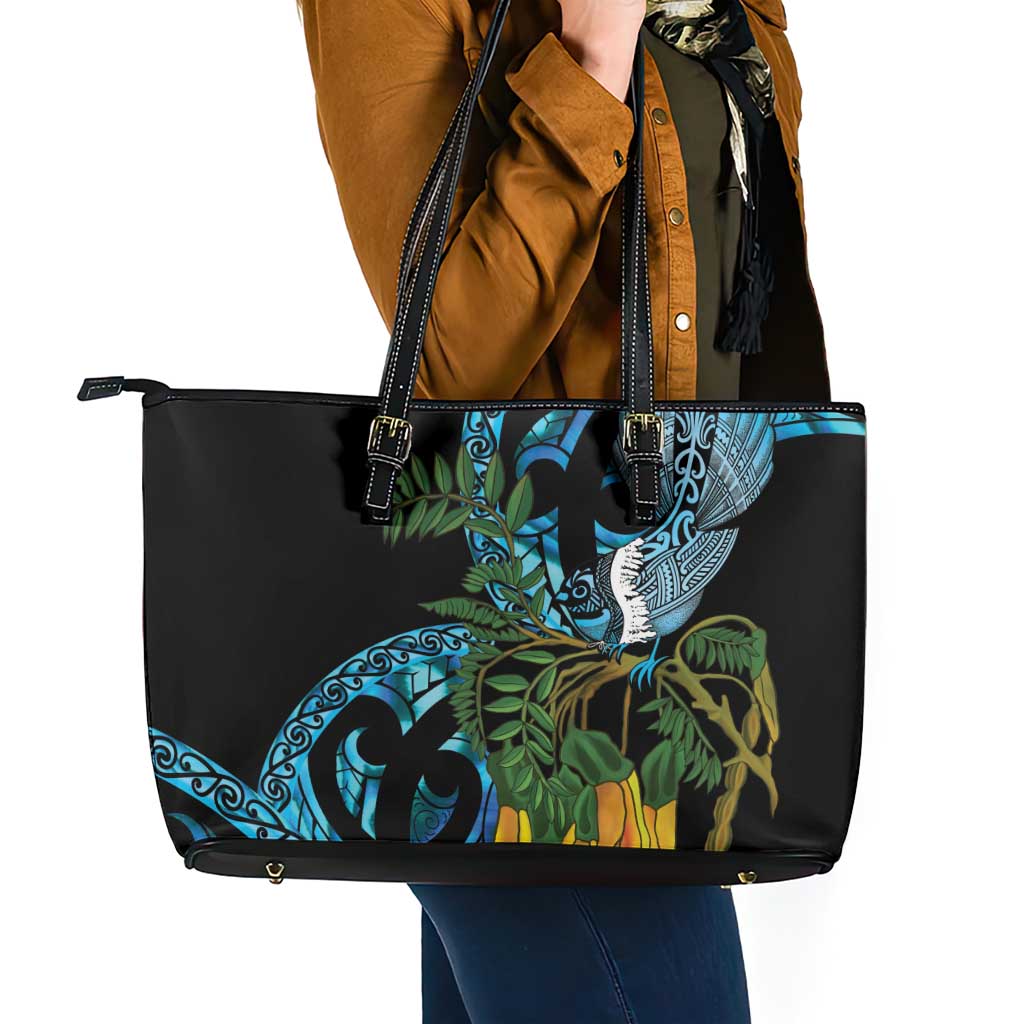 Turquoise New Zealand Kowhai And Piwakawaka Leather Tote Bag Maori Ngaru Paua Shell