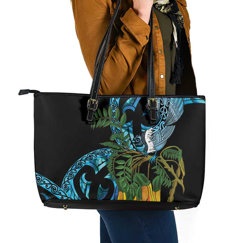 Turquoise New Zealand Kowhai And Piwakawaka Leather Tote Bag Maori Ngaru Paua Shell