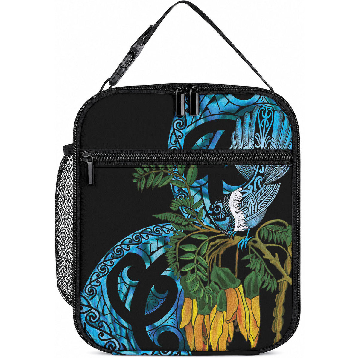 Turquoise New Zealand Kowhai And Piwakawaka Lunch Bag Maori Ngaru Paua Shell