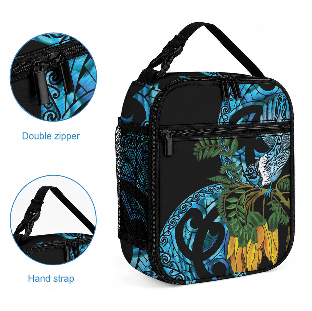 Turquoise New Zealand Kowhai And Piwakawaka Lunch Bag Maori Ngaru Paua Shell