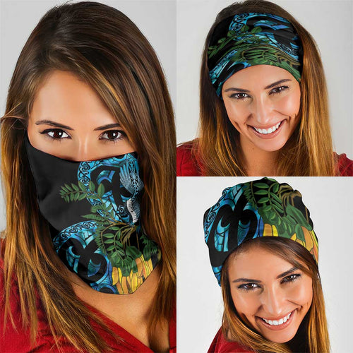 Turquoise New Zealand Kowhai And Piwakawaka Neck Gaiter Maori Ngaru Paua Shell - Aussie Hoodie