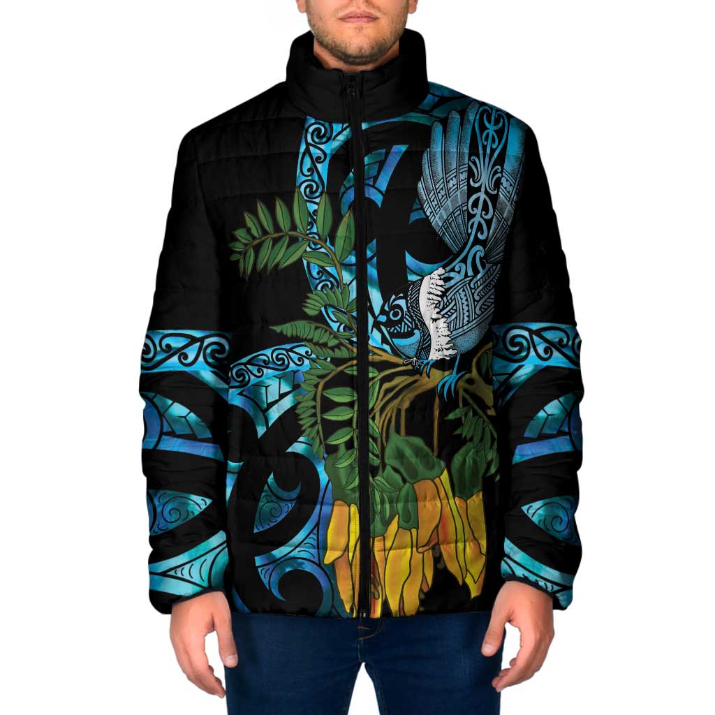 Turquoise New Zealand Kowhai And Piwakawaka Padded Jacket Maori Ngaru Paua Shell - Aussie Hoodie