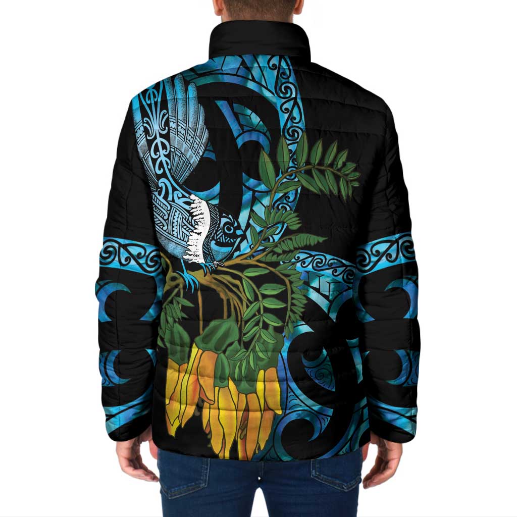 Turquoise New Zealand Kowhai And Piwakawaka Padded Jacket Maori Ngaru Paua Shell - Aussie Hoodie