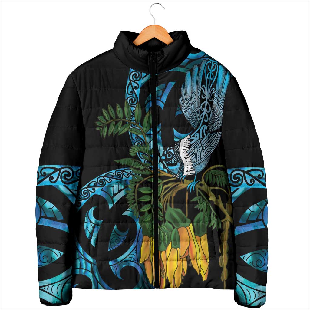 Turquoise New Zealand Kowhai And Piwakawaka Padded Jacket Maori Ngaru Paua Shell - Aussie Hoodie
