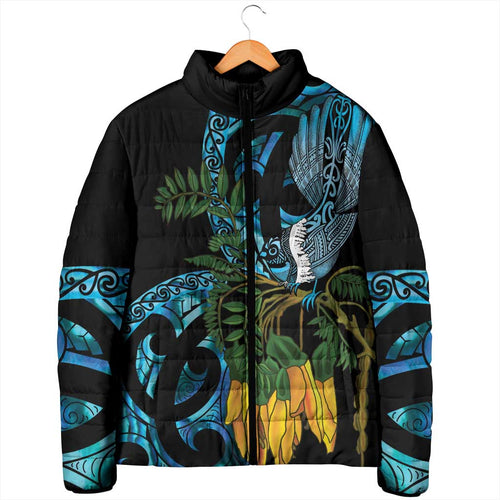 Turquoise New Zealand Kowhai And Piwakawaka Padded Jacket Maori Ngaru Paua Shell - Aussie Hoodie