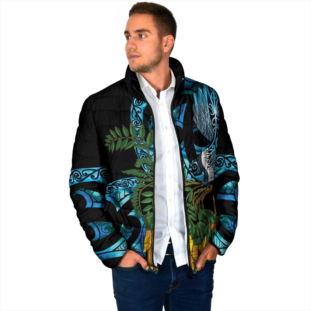 Turquoise New Zealand Kowhai And Piwakawaka Padded Jacket Maori Ngaru Paua Shell - Aussie Hoodie