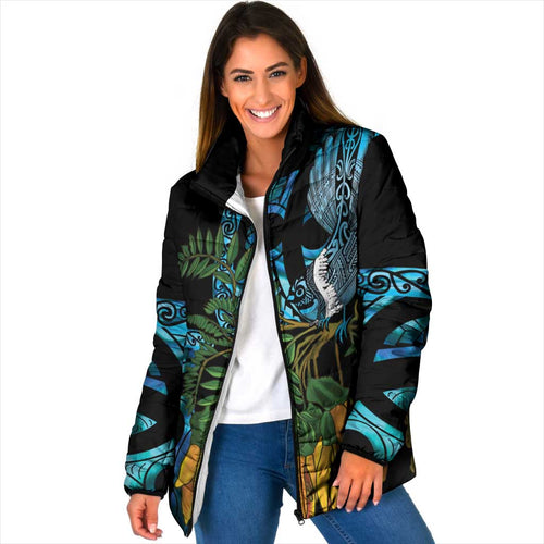 Turquoise New Zealand Kowhai And Piwakawaka Padded Jacket Maori Ngaru Paua Shell - Aussie Hoodie
