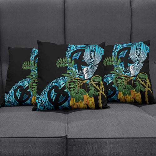 Turquoise New Zealand Kowhai And Piwakawaka Pillow Cover Maori Ngaru Paua Shell - Aussie Hoodie