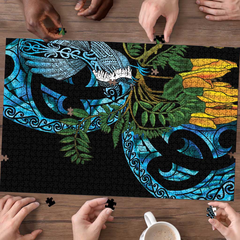 Turquoise New Zealand Kowhai And Piwakawaka Puzzle Maori Ngaru Paua Shell - Aussie Hoodie