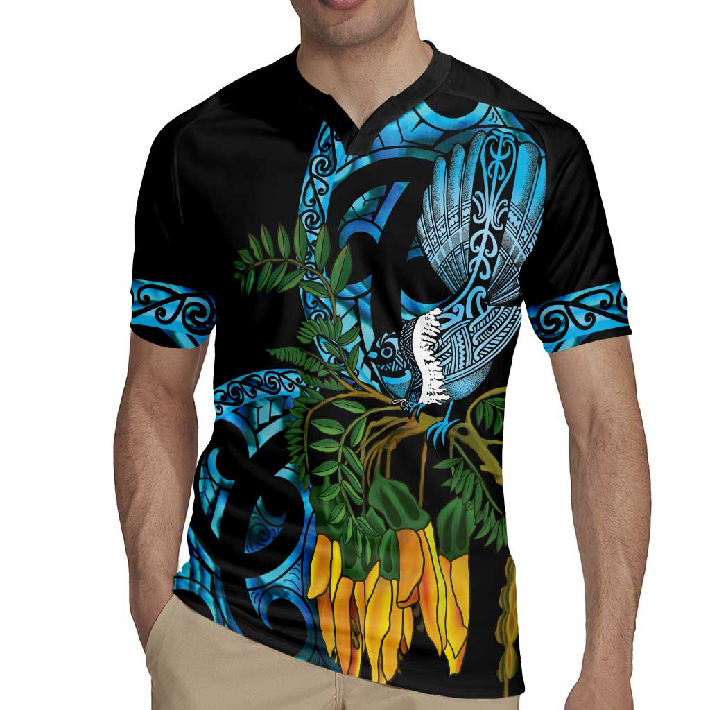 Turquoise New Zealand Kowhai And Piwakawaka Rugby Jersey Maori Ngaru Paua Shell