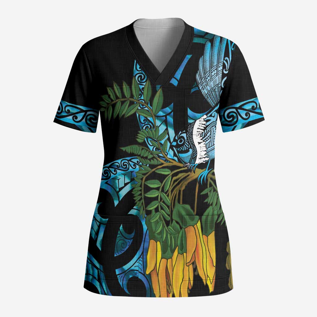Turquoise New Zealand Kowhai And Piwakawaka Scrub Top Maori Ngaru Paua Shell - Aussie Hoodie