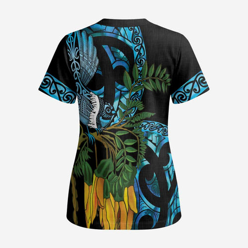 Turquoise New Zealand Kowhai And Piwakawaka Scrub Top Maori Ngaru Paua Shell - Aussie Hoodie