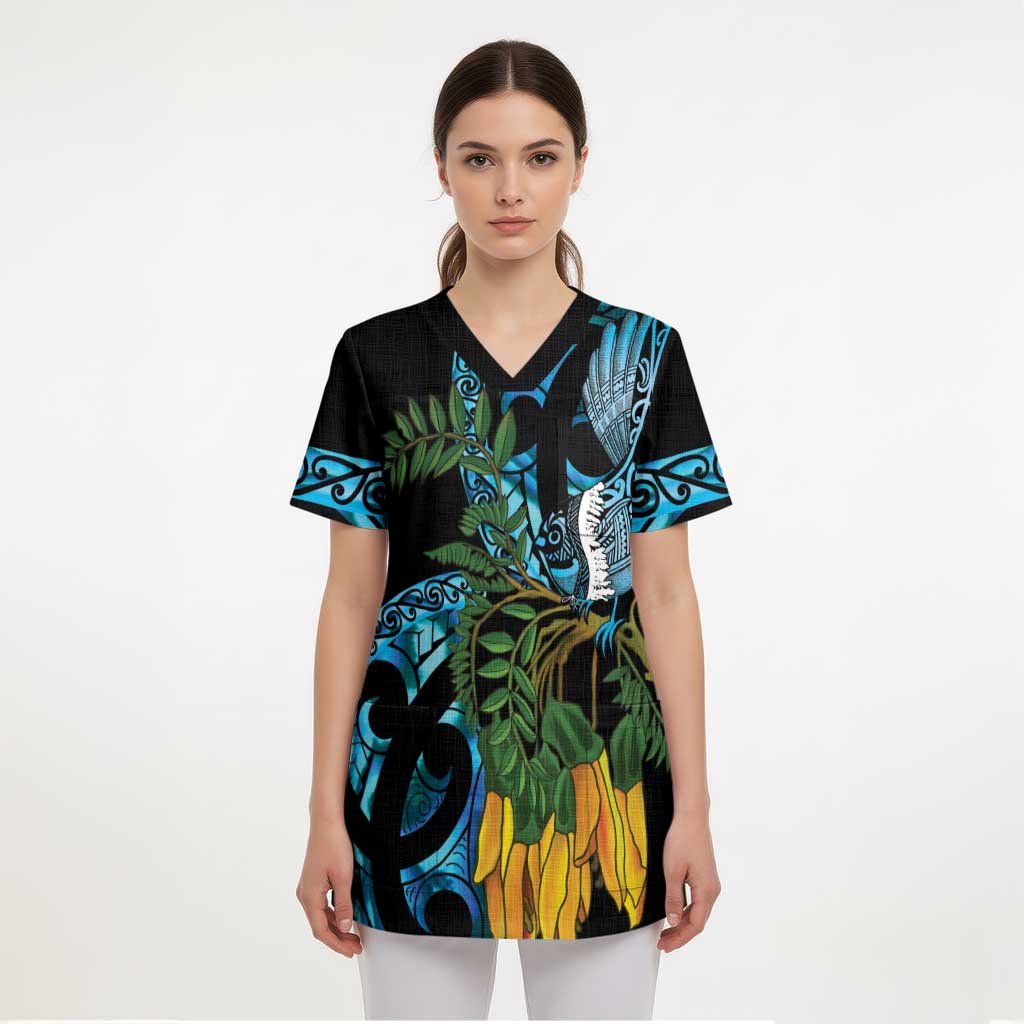 Turquoise New Zealand Kowhai And Piwakawaka Scrub Top Maori Ngaru Paua Shell - Aussie Hoodie