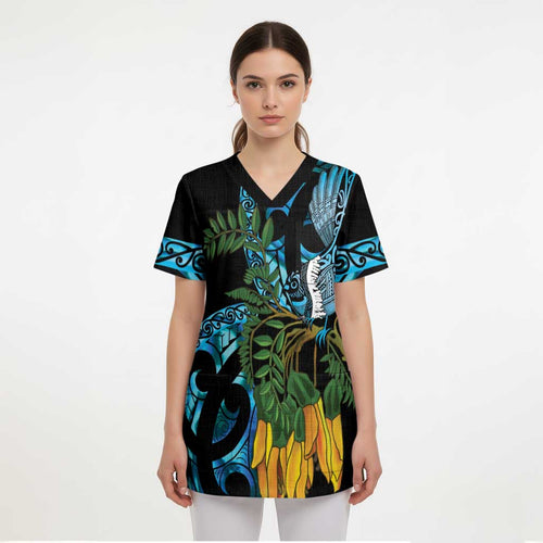 Turquoise New Zealand Kowhai And Piwakawaka Scrub Top Maori Ngaru Paua Shell - Aussie Hoodie