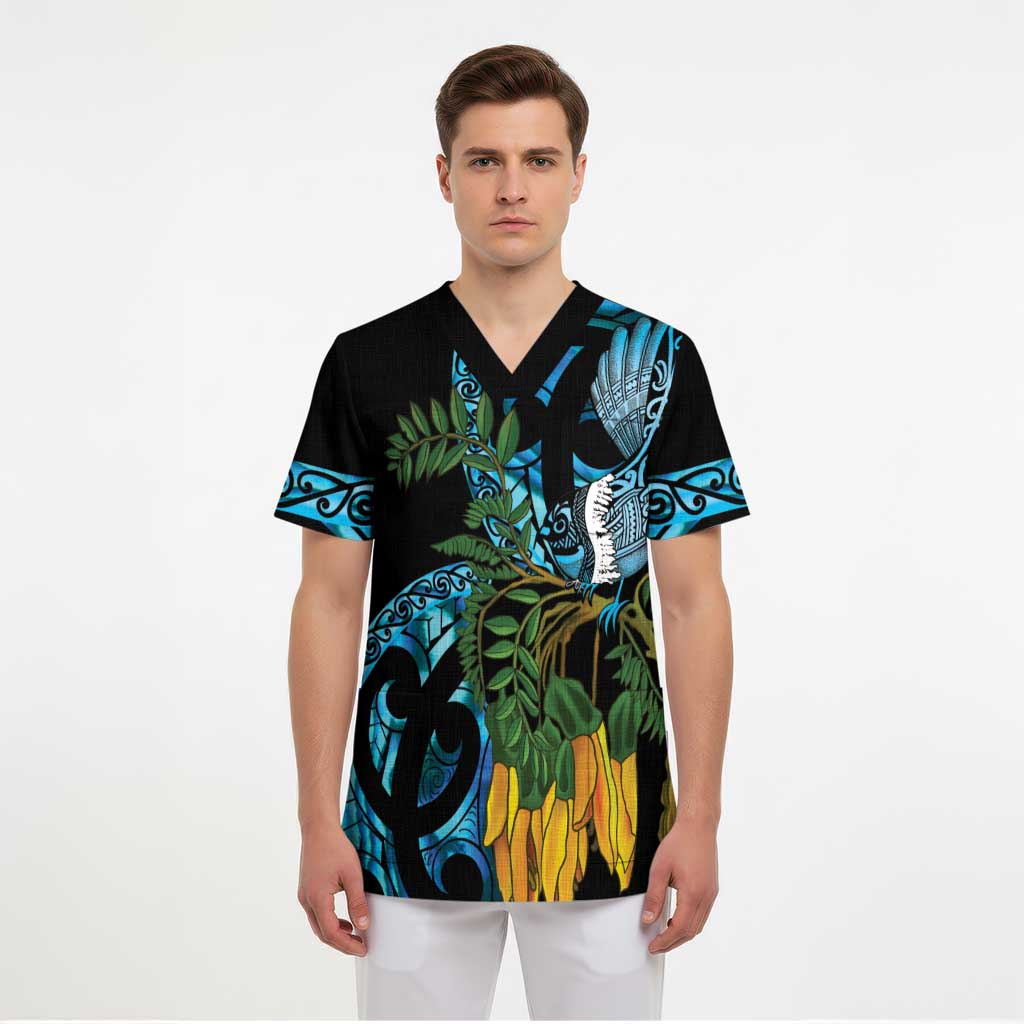 Turquoise New Zealand Kowhai And Piwakawaka Scrub Top Maori Ngaru Paua Shell - Aussie Hoodie