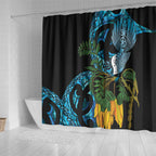 Turquoise New Zealand Kowhai And Piwakawaka Shower Curtain Maori Ngaru Paua Shell