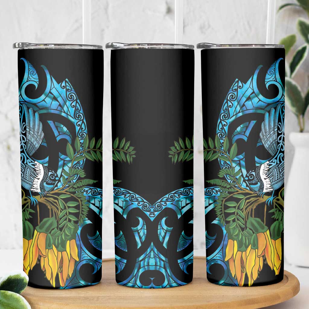 Turquoise New Zealand Kowhai And Piwakawaka Skinny Tumbler Maori Ngaru Paua Shell