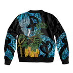 Turquoise New Zealand Kowhai And Piwakawaka Sleeve Zip Bomber Jacket Maori Ngaru Paua Shell