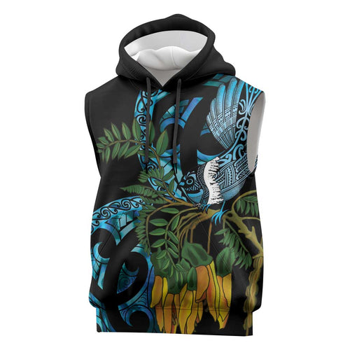 Turquoise New Zealand Kowhai And Piwakawaka Sleeveless Hoodie Maori Ngaru Paua Shell - Aussie Hoodie