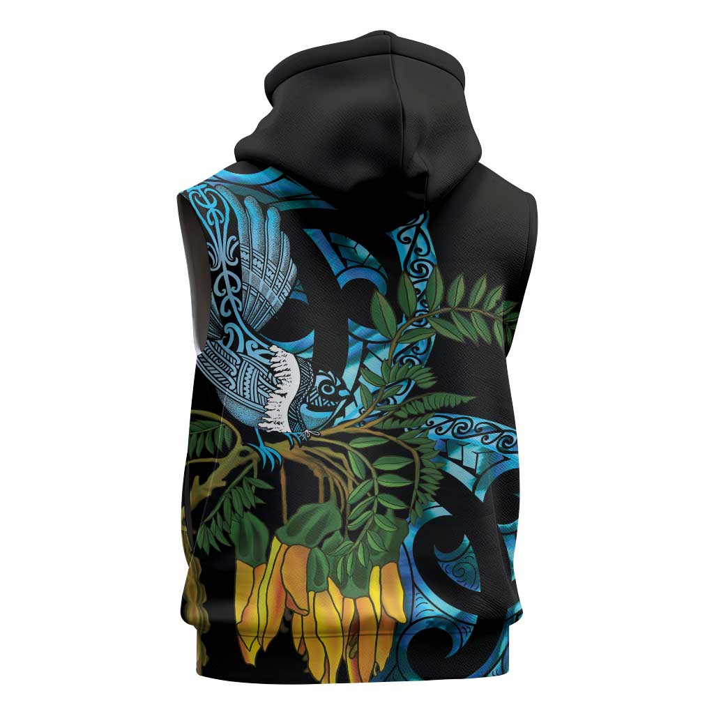Turquoise New Zealand Kowhai And Piwakawaka Sleeveless Hoodie Maori Ngaru Paua Shell - Aussie Hoodie