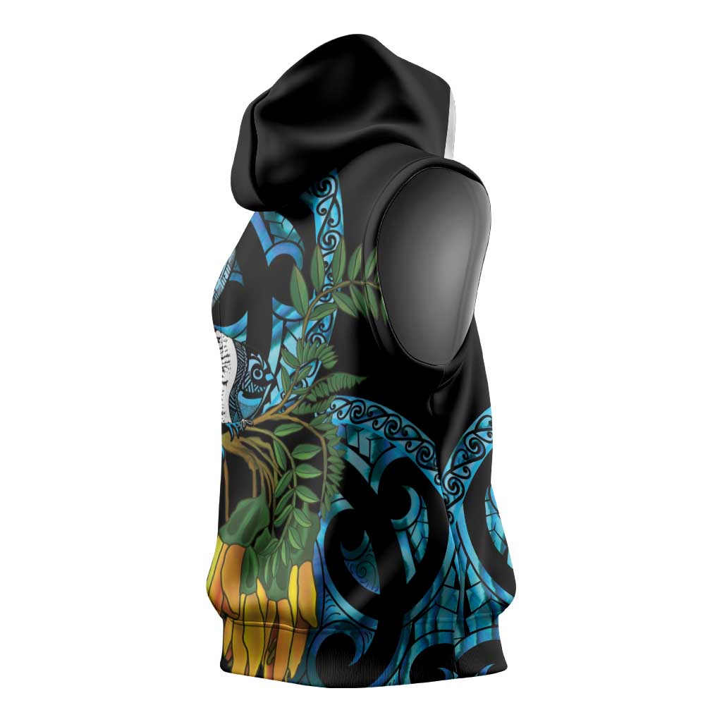 Turquoise New Zealand Kowhai And Piwakawaka Sleeveless Hoodie Maori Ngaru Paua Shell - Aussie Hoodie