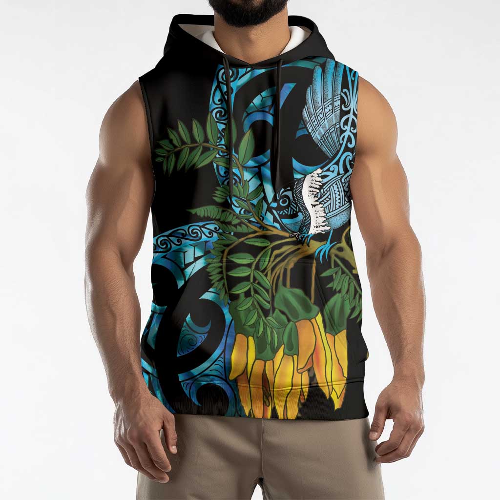 Turquoise New Zealand Kowhai And Piwakawaka Sleeveless Hoodie Maori Ngaru Paua Shell - Aussie Hoodie