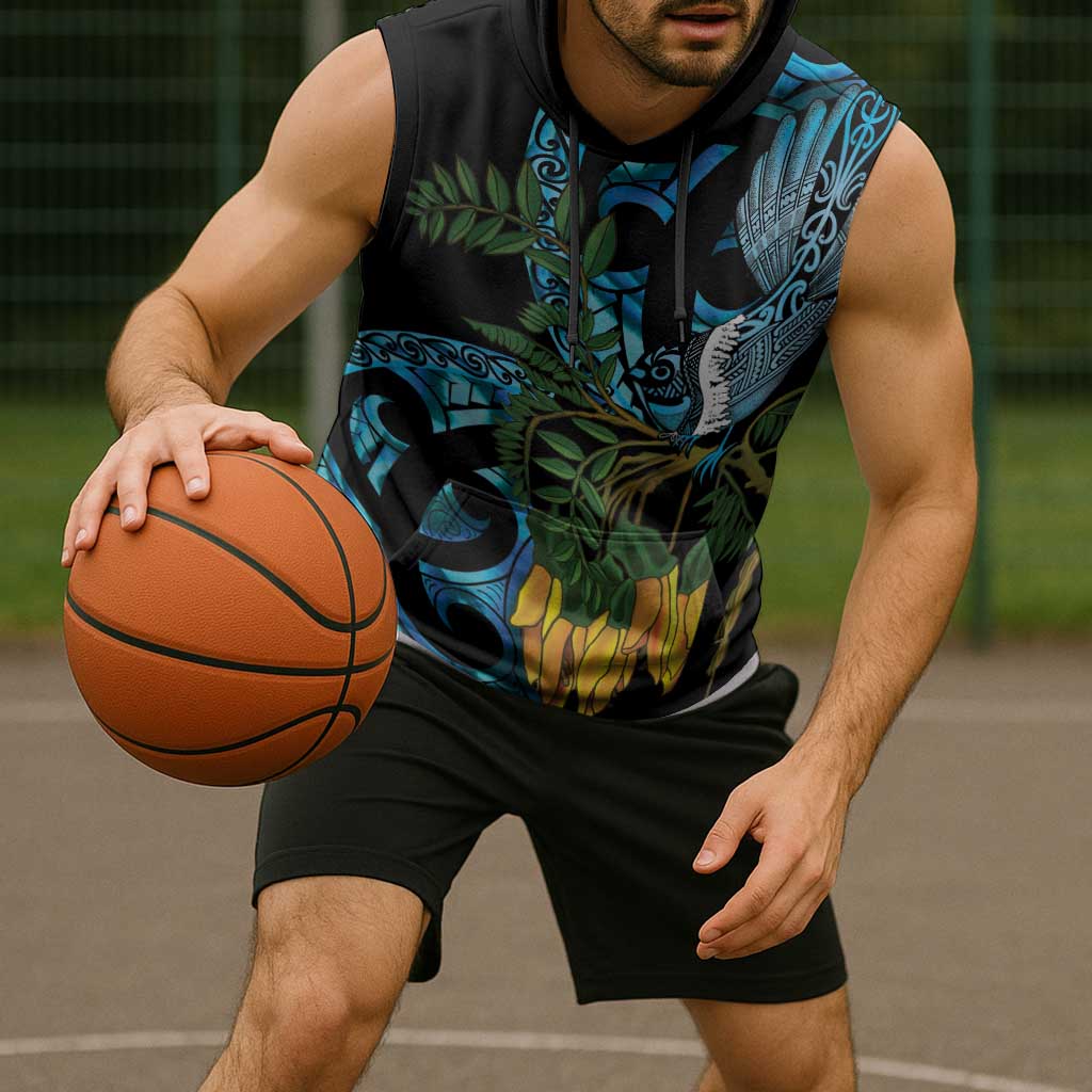 Turquoise New Zealand Kowhai And Piwakawaka Sleeveless Hoodie Maori Ngaru Paua Shell - Aussie Hoodie