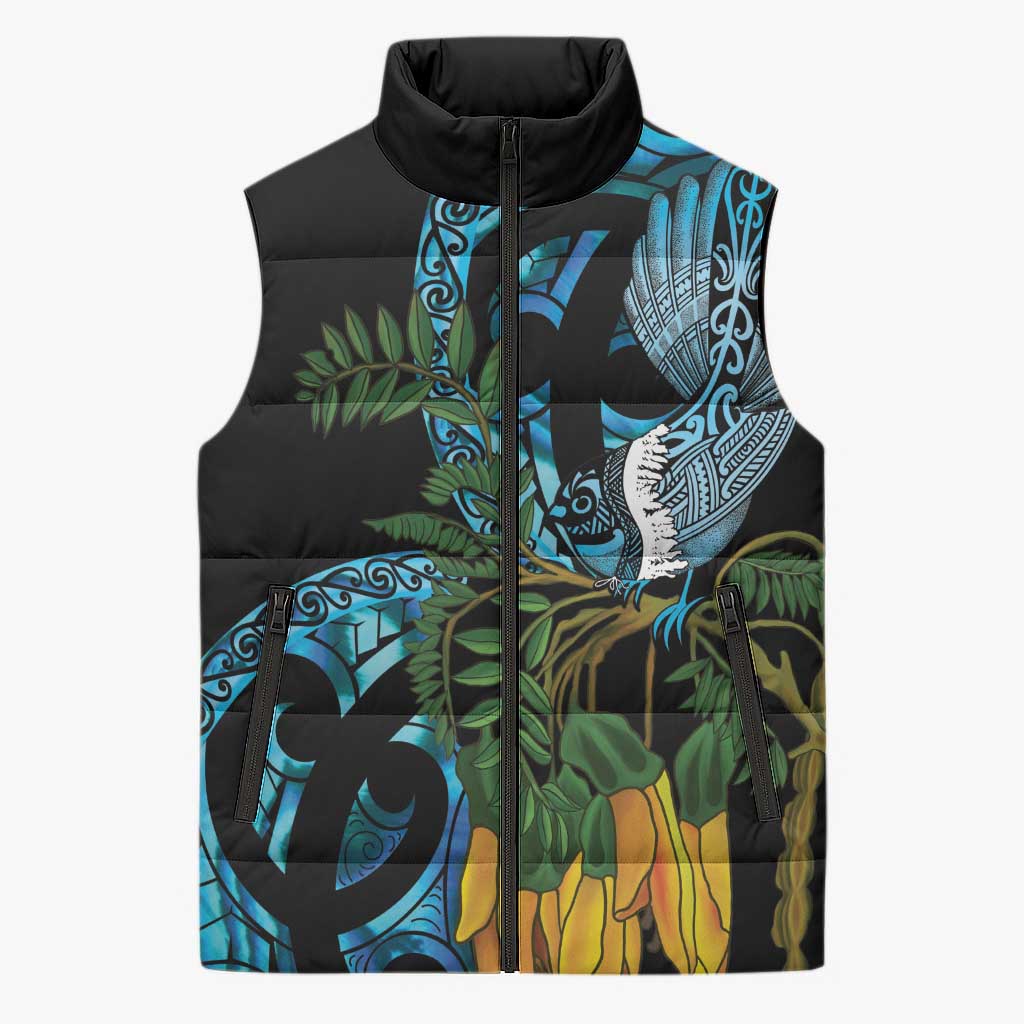 Turquoise New Zealand Kowhai And Piwakawaka Sleeveless Puffer Jacket Maori Ngaru Paua Shell - Aussie Hoodie