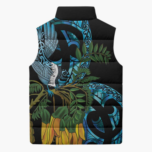 Turquoise New Zealand Kowhai And Piwakawaka Sleeveless Puffer Jacket Maori Ngaru Paua Shell - Aussie Hoodie