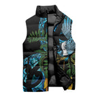 Turquoise New Zealand Kowhai And Piwakawaka Sleeveless Puffer Jacket Maori Ngaru Paua Shell - Aussie Hoodie