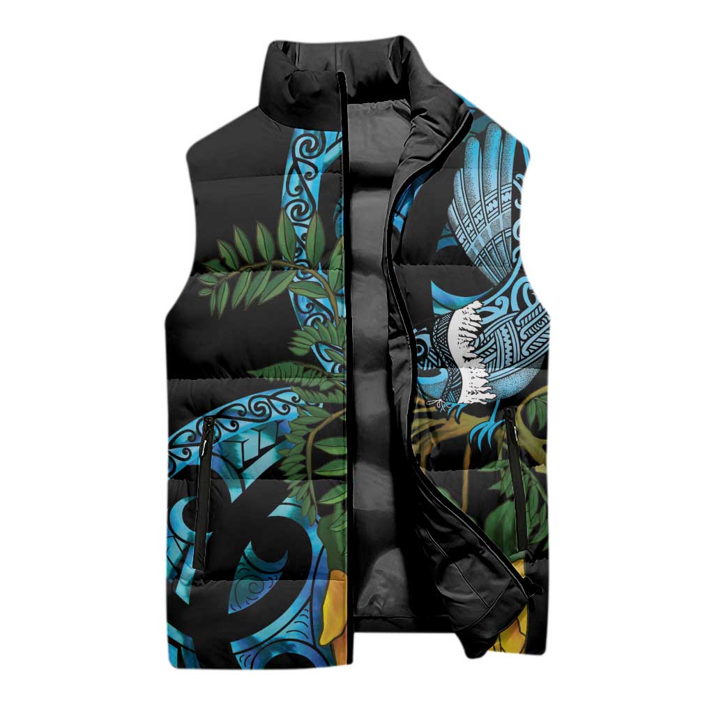 Turquoise New Zealand Kowhai And Piwakawaka Sleeveless Puffer Jacket Maori Ngaru Paua Shell - Aussie Hoodie