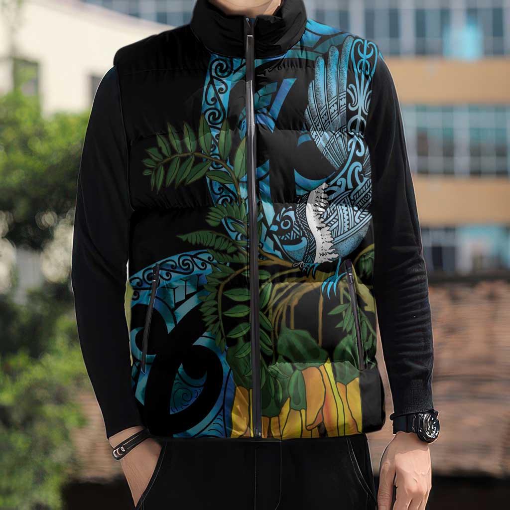 Turquoise New Zealand Kowhai And Piwakawaka Sleeveless Puffer Jacket Maori Ngaru Paua Shell - Aussie Hoodie