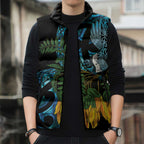 Turquoise New Zealand Kowhai And Piwakawaka Sleeveless Puffer Jacket Maori Ngaru Paua Shell - Aussie Hoodie