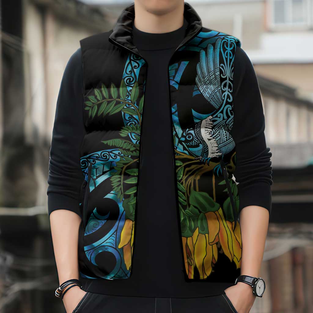 Turquoise New Zealand Kowhai And Piwakawaka Sleeveless Puffer Jacket Maori Ngaru Paua Shell - Aussie Hoodie