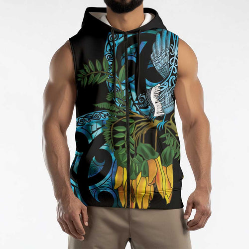 Turquoise New Zealand Kowhai And Piwakawaka Sleeveless Zip Hoodie Maori Ngaru Paua Shell LT14