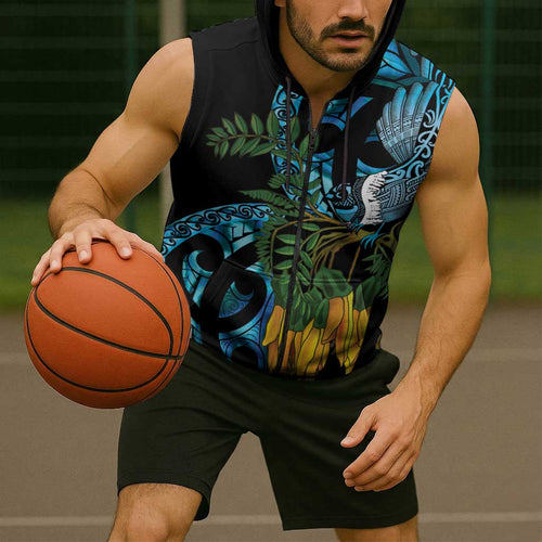 Turquoise New Zealand Kowhai And Piwakawaka Sleeveless Zip Hoodie Maori Ngaru Paua Shell LT14