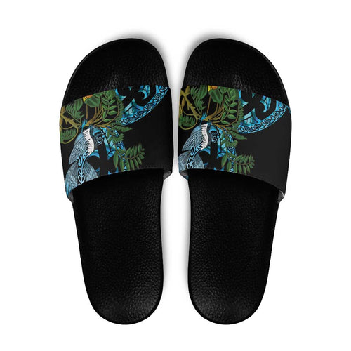 Turquoise New Zealand Kowhai And Piwakawaka Slide Sandals Maori Ngaru Paua Shell - Aussie Hoodie