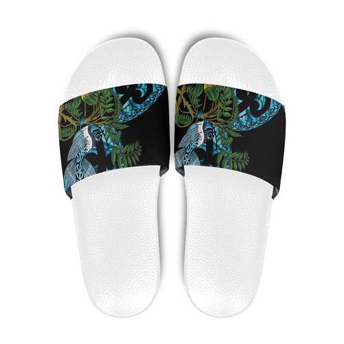 Turquoise New Zealand Kowhai And Piwakawaka Slide Sandals Maori Ngaru Paua Shell - Aussie Hoodie