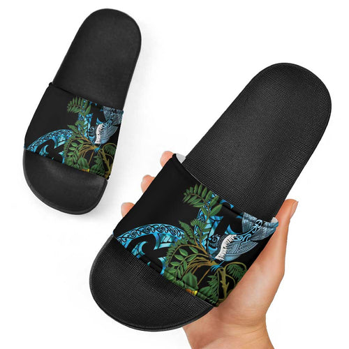 Turquoise New Zealand Kowhai And Piwakawaka Slide Sandals Maori Ngaru Paua Shell - Aussie Hoodie