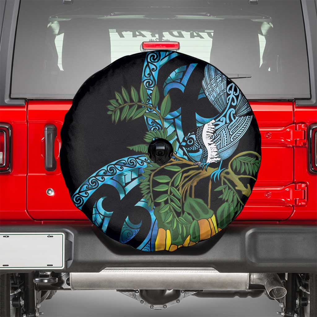 Turquoise New Zealand Kowhai And Piwakawaka Spare Tire Cover Maori Ngaru Paua Shell