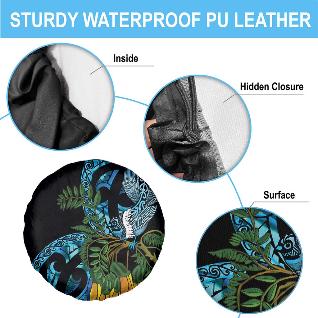 Turquoise New Zealand Kowhai And Piwakawaka Spare Tire Cover Maori Ngaru Paua Shell